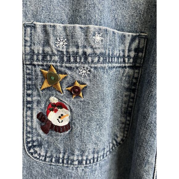 CHRISTOPHER & BANKS Vintage Christmas Appliqué Wide Leg Denim Jean Overalls Sz L - Picture 8 of 16